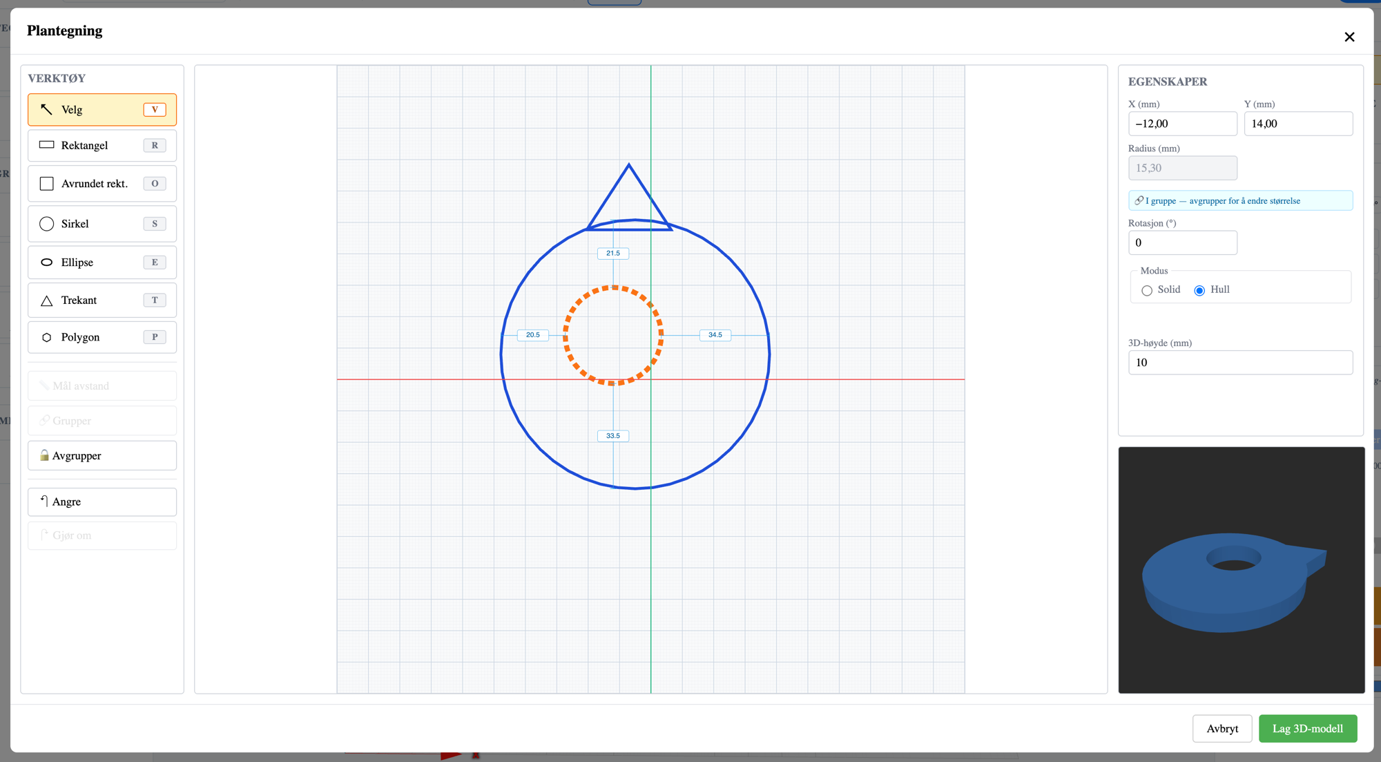 The Blueprint editor: a toolbar with rectangle, circle, ellipse, triangle and polygon on the left, a blueprint of a circle with a hole in the middle, and a live 3D preview at the bottom right