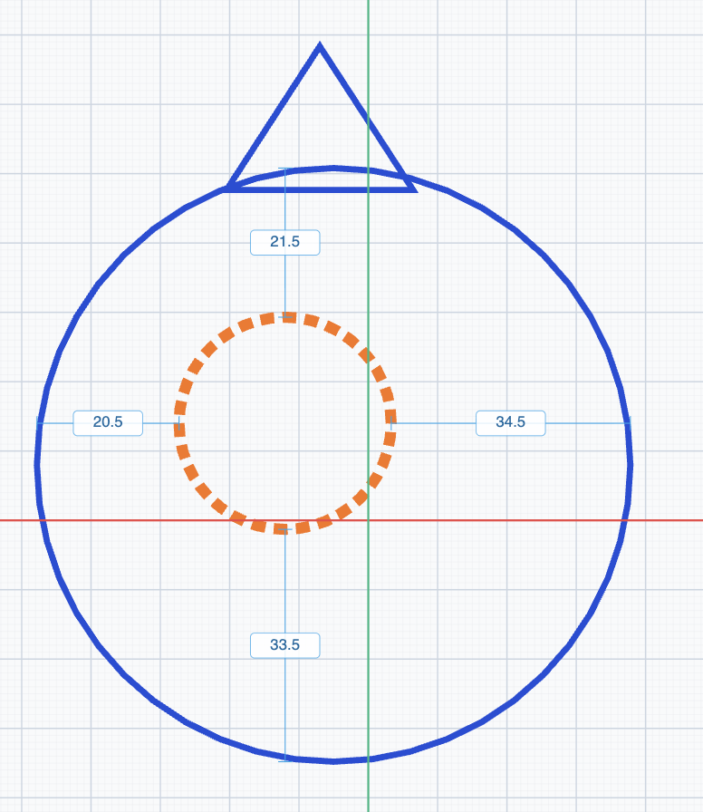 Close-up of a blueprint: a blue circle and triangle, an orange dashed hole, and blue dimension lines showing distances in millimetres